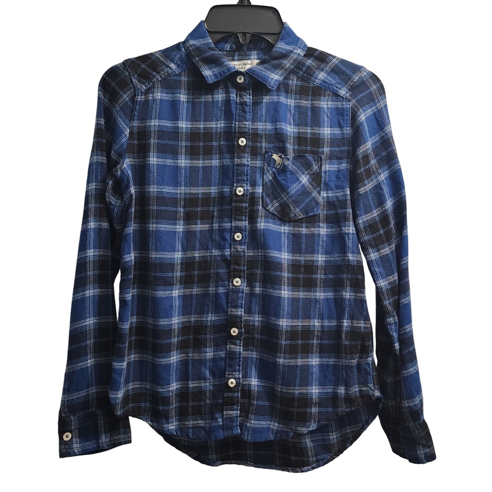 Abercrombie Kids Blue Plaid Flannel Shirt Moose Logo Size 11‎ 12